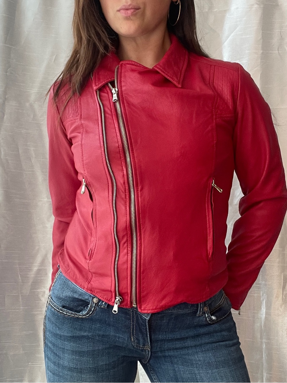 Vera Pelle Leather Moto Jacket Womens Medium Red Genuine Leather Biker Italian